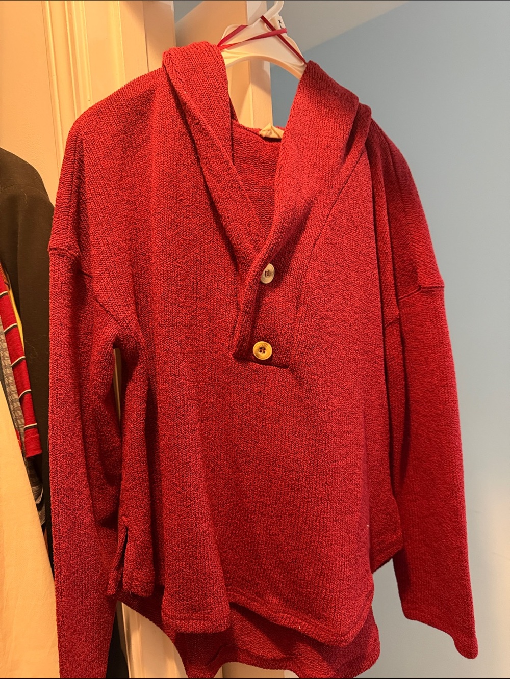 Women's Red Hooded Button-Front Turtleneck Sweater